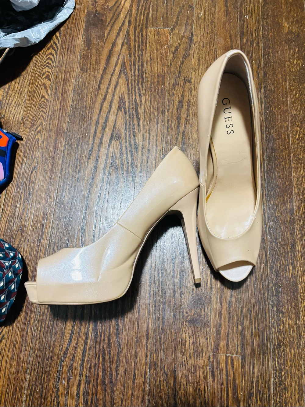 GUESS Nude Shiny Peep-Toe Stiletto Pumps, Size 10